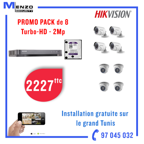 Pack de 8 caméras HD 2Mp Hikvision Tunisie