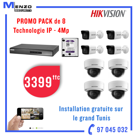 Pack de 8 caméras IP 4Mp Hikvision avec disque dur 1Tb Spécial Surveillance