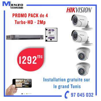 Pack de 4 caméras HD 2Mp Hikvision Tunisie